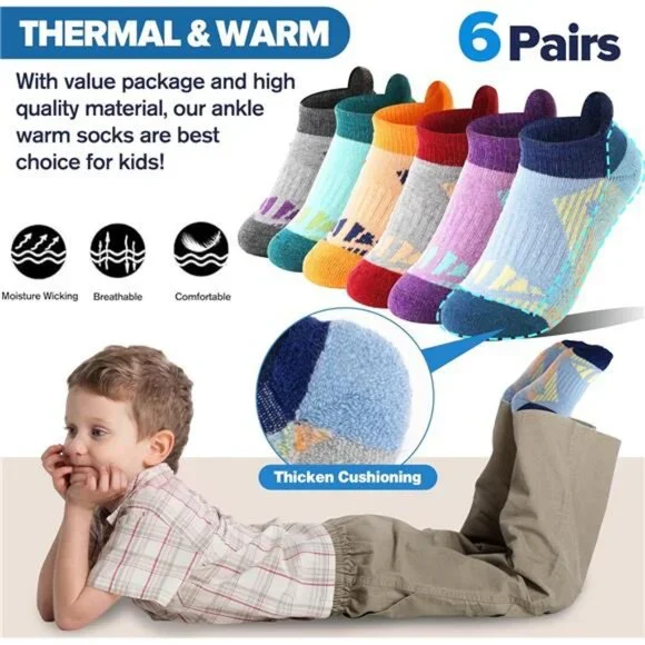 6 Pairs Kids Merino Wool Ankle Socks Thermal Thick No Show Socks - Picture 5 of 7